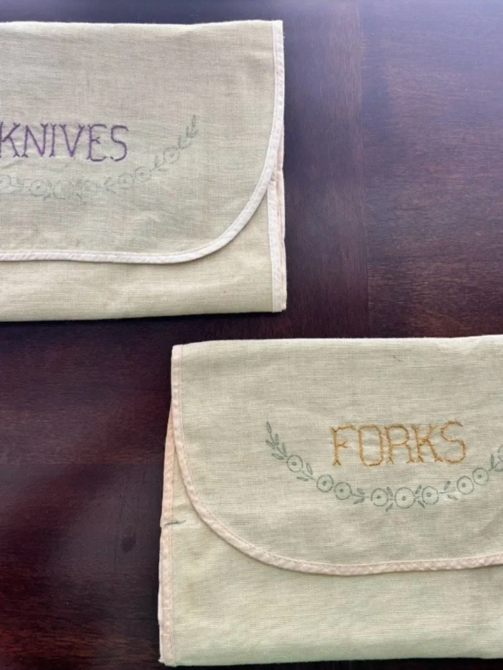 Embroidered Linen Cutlery Pockets - KNIVES & FORKS